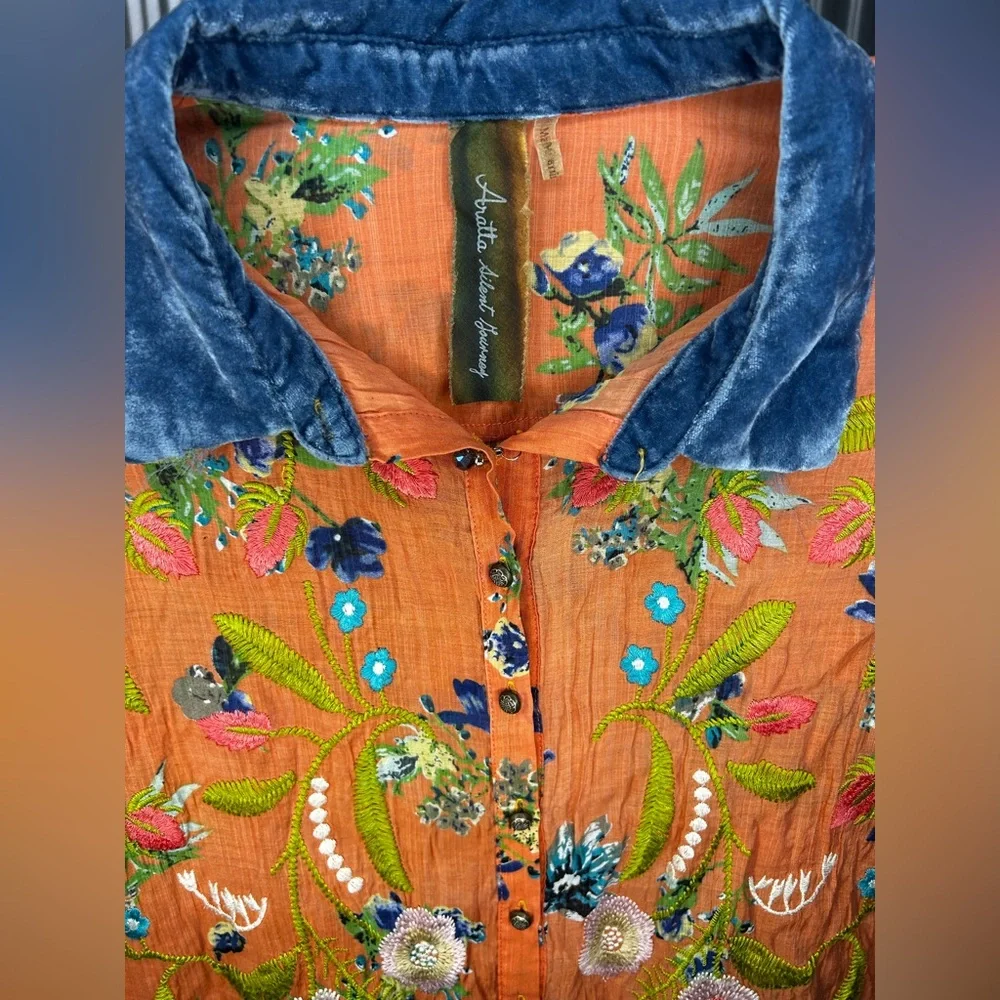 Women’s Aratta Silent Journey Orange Floral Long Sleeve Rayon Nylon Blouse Small - Picture 3 of 4